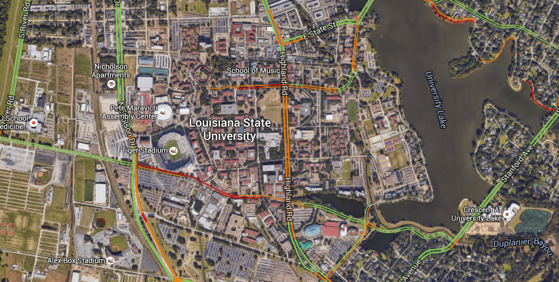 Google map shows typical traffic in the LSU Wednesday at 9 a.m.&#160;