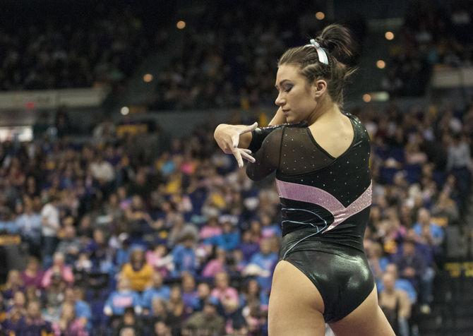 LSU all-around junior Shae Zamardi prepares to perform her floor routine Friday, Jan. 22, 2016, during the Tigers' 196.575-195.100 victory against Kentucky for the Pink &amp; Blue Meet in the PMAC.