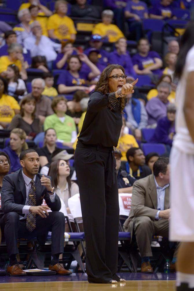 LSU head coach Nikki Caldwell yells courtside during the Tigers' 51-39 victory against Alabama on Sunday, Feb. 8, 2015, in the Pete Maravich Assembly Center.