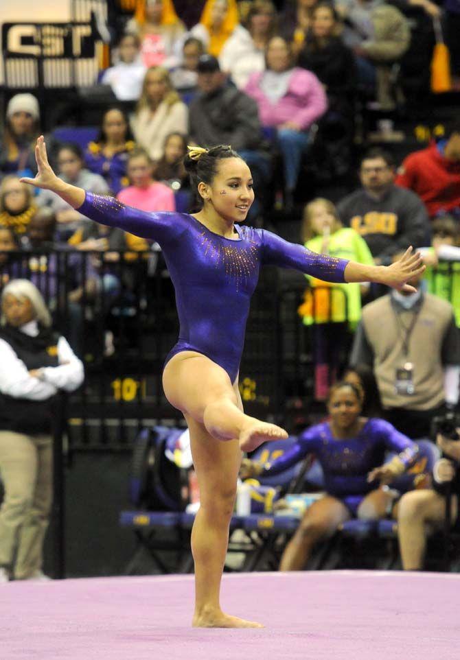 LSU freshman all-around Myia Hambrick performs her routine Friday, Jan. 9, during the Tigers' win 197-193 against Iowa State in the PMAC.