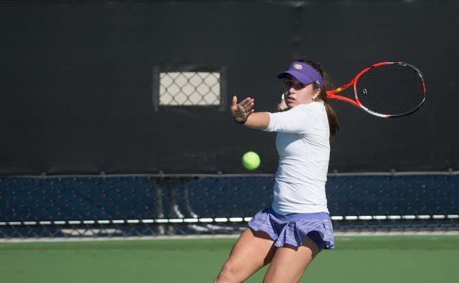 Senior Ella Taylor during the opening game against Nicholls State&#160;on Jan. 16.&#160;at the new LSU Tennis Complex