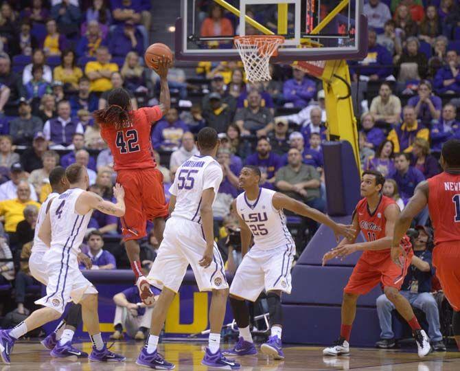 Ole Miss junior guard Stefan Moody (42) jump shoots the ball on Saturday, Feb. 28, 2015 during the Tigers' 73-63 victory against Ole Miss in the Pete Maravich Assembly Center.