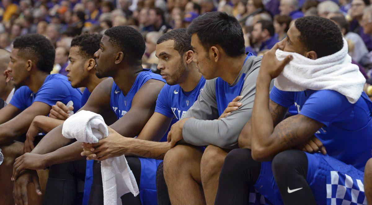 The Kentucky bench watches the closing moments of an NCAA college basketball game against LSU in Baton Rouge, La., Tuesday, Jan. 5, 2016. LSU won 85-67. (AP Photo/Bill Feig)