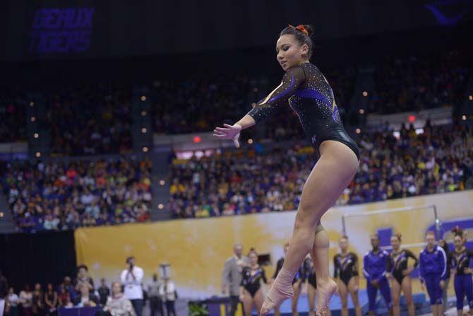 LSU freshman Myia Hambrick performs her floor during the Tiger's 198.375 - 195.450 victory against Minnesota on Friday, March 6, 2015, at the Pete Maravich Assembly Center.