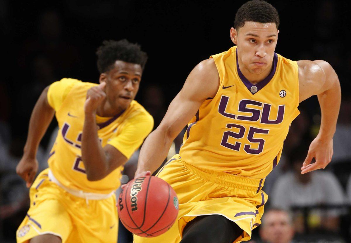 FILE - In this Nov. 24, 2015, file photo, LSU forward Ben Simmons (25) drives downcourt as teammate Antonio Blakeney (2) follows in the first half of an NCAA college basketball game against North Carolina State in New York. For all of his gaudy numbers, Simmons is still trying to figure out the best way to put the Tigers in position to win. And now the schedule gets harder, starting with Tuesday night's, Dec. 29, 2015, tilt against Wake Forest, followed by the opening of Southeastern Conference play against Vanderbilt and No. 10 Kentucky. (AP Photo/Kathy Willens, File)