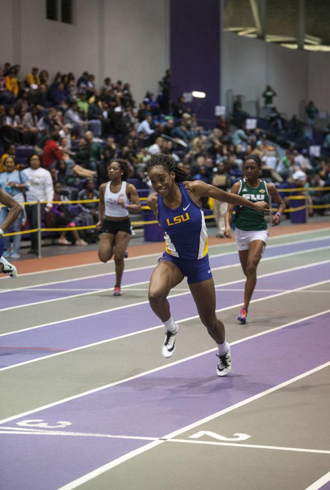 LSU freshman Kortnei Johnson competes in the 60 meter dash during the Tigers' Track and Field Meet on Saturday, Jan. 16, 2015 in the B. Moore Track &amp; C. Maddox Field House.