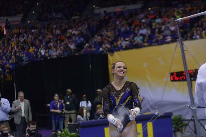 LSU sophomore Ashley Gnat prepares for her high bar routine during the Tiger's 198.375 - 195.450 victory against Minnesota on Friday, March 6, 2015, at the Pete Maravich Assembly Center.