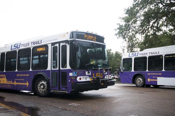 A Purple Trail bus departs on Thursday, Sept. 10, 2015, from one of its main stops located near the Journalism Building. A new Student Union stop was recently added to this bus route.