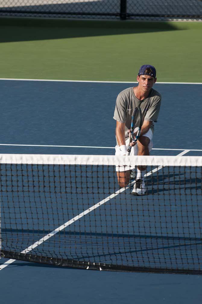 Freshman Cameron Andry waits for the serve at the LSU Invitational on Nov. 05 at the LSU Tennis Complex.