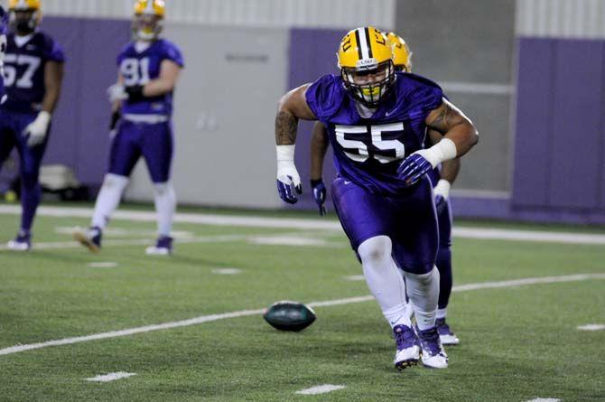 LSU freshman DT Trey Lealaimatafao (55) on Saturday, Mar. 07, 2015 during the first spring practice at the Football Operations practice field.