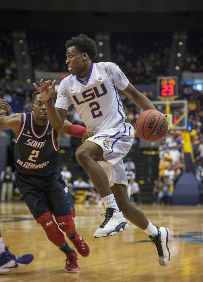 LSU freshman guard Antonio Blakeney (2) dribbles the ball during the Tigers' 78-66 victory against the University of South Alabama on Thursday, Nov. 19, 2015 in the PMAC.