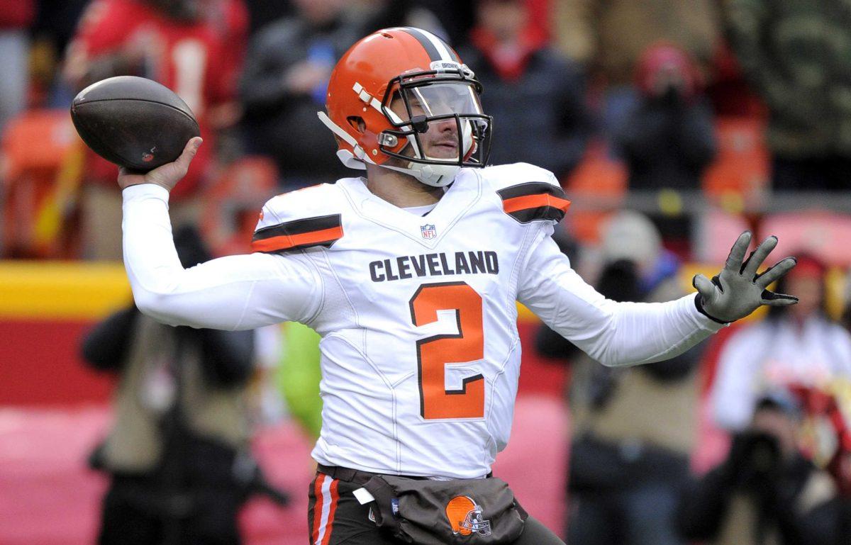 FILE - In this Dec. 27, 2015, file photo, Cleveland Browns quarterback Johnny Manziel (2) throws during the first half of an NFL football game against the Kansas City Chiefs in Kansas City, Mo. Manziel had a second straight troubling season with Cleveland, one that included him being benched for misbehavior off the field. Browns owner Jimmy Haslam Haslam said Manziel made &#8220;undeniable&#8221; progress as a starter, but the 2012 Heisman Trophy winner&#8217;s commitment remains a major question mark. (AP Photo/Ed Zurga, File)