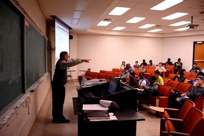 Petroleum engineering instructor Frederick Thurber teaches his intro-level class Monday, Jan. 25, 2016.