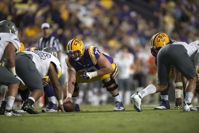 LSU junior center Ethan Pocic (77) prepares to snap the ball during the Tigers&#8217; 44 to 22 victory against Eastern Michigan on Saturday October 3 2015, in Tiger Stadium.