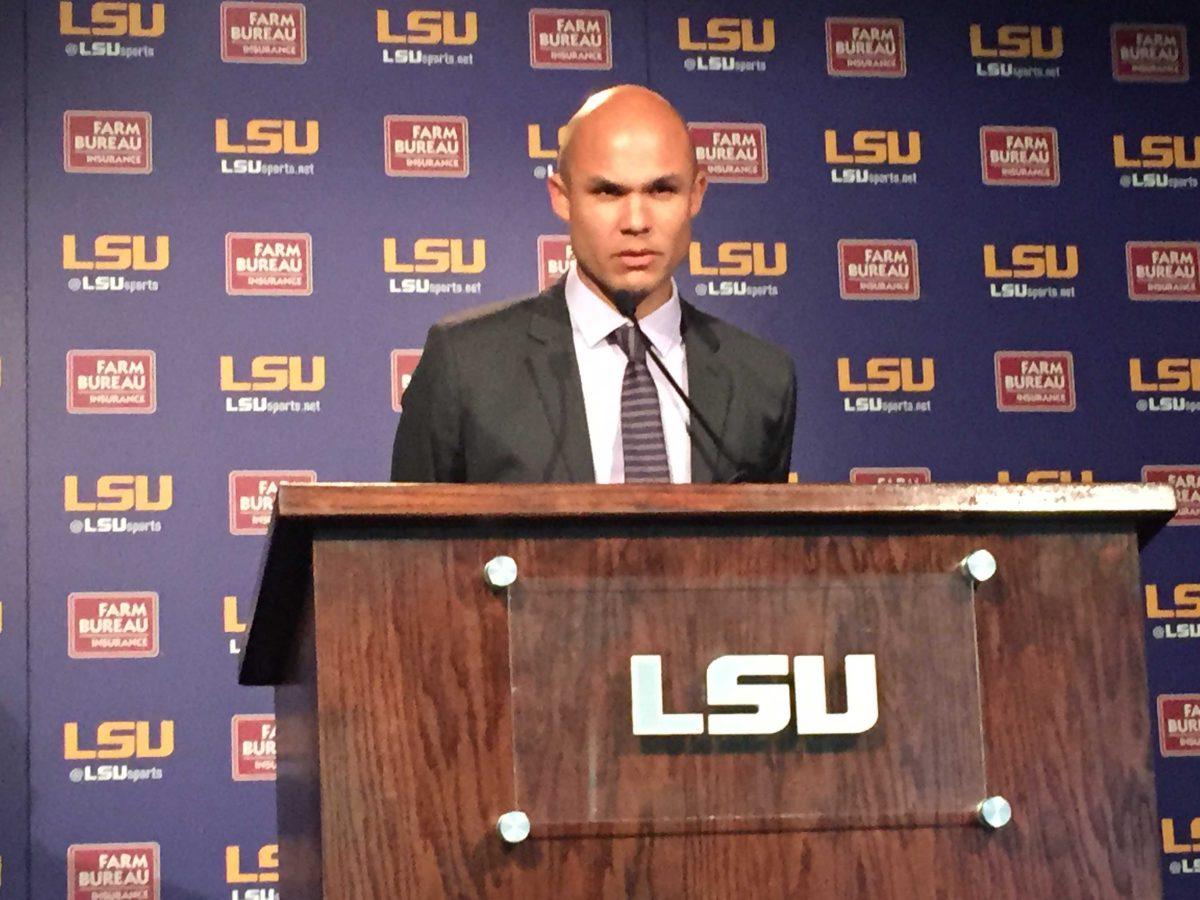 LSU defensive coordinator Dave Aranda addresses the media at his introductory news conference on Jan. 5, 2015 at the Athletic Administration Building.&#160;