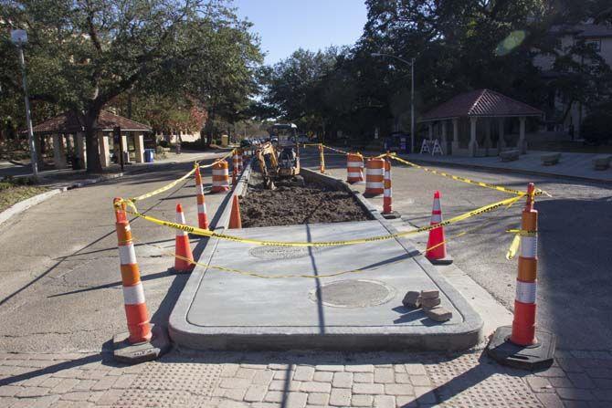 Construction continues on the bus route with the addition of a median on Tuesday, January 12, 2016, at LSU.