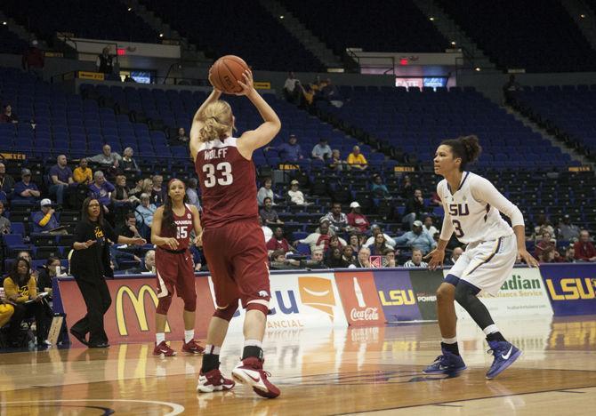 LSU senior forward Akilah Bethel (3) defends her opponent Thursday, Jan. 21, 2016, during the Lady Tigers' 48-44 loss against Arkansas in the PMAC.