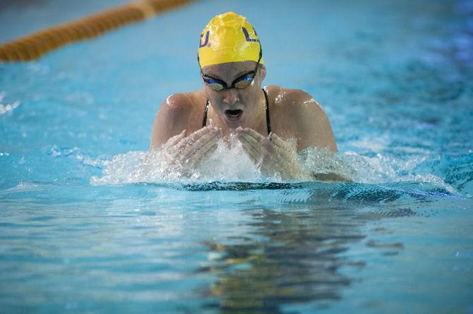 LSU kinesiology senior Taryn MacKenzie competes in the Women's 200 Yard Breaststroke event on Saturday, Nov. 7, 2015, during the Tigers' 197-103 win against Southern Methodist University in the Natatorium.