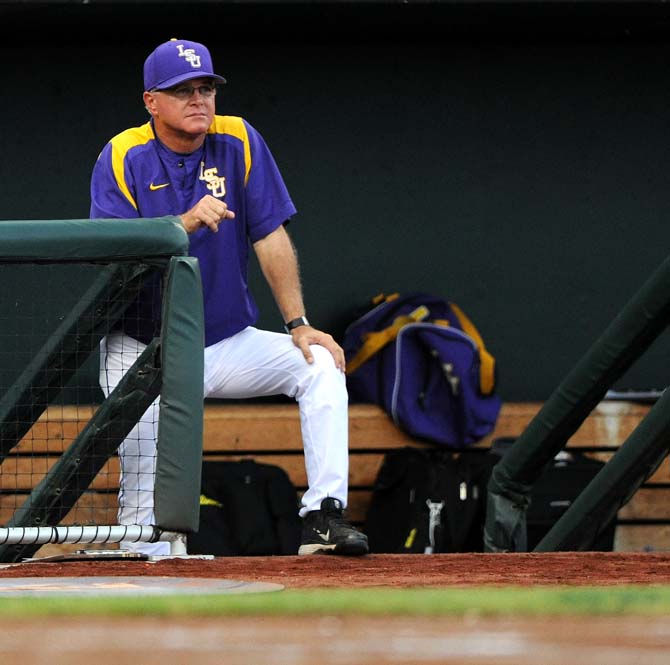 <p>LSU Head Baseball Coah Paul Mainieri looks out at the field June 16, 2013 during LSU's 1-2 loss against UCLA at the College World Series in TD Ameritrade Park in Omaha, Nebraska.</p>