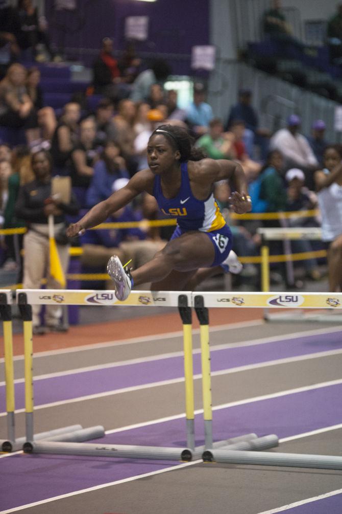 LSU sophomore Mikiah Brisco participates in the 60 meter hurdles during the Tigers' Track and Field Meet on Saturday, Jan. 16, 2015 in the B. Moore Track &amp; C. Maddox Field House.