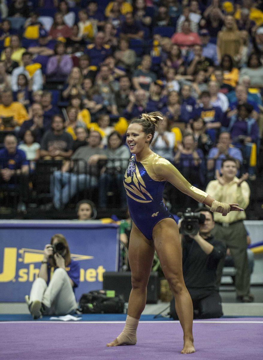 LSU junior Ashleigh Gnat performs her floor rutine where she earned a perfect 10.0 during the Tigers' 197.825-197.125 victory against Auburn on Friday, Feb. 19, 2016 in the PMAC.