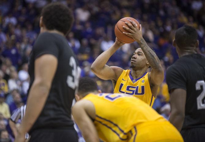 LSU forward Craig Victor II (32) shoots a free-throw during the Tigers' 76-71 victory against Texas A&amp;M on Saturday, Feb. 13, 2016 in the PMAC.