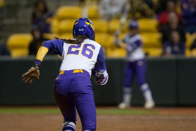 LSU Junior Outielder Bailey Landry running the bases during the LSU 10-2 victory against Illinois State University on Friday, Feb. 25, 2016 at Tiger Park