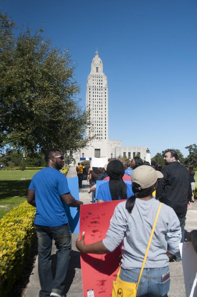 Students from various universities across Louisiana marching together to protest cuts to higher education funding at Capitol Park on Feb. 19, 2016.