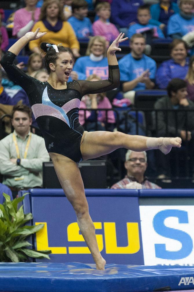 LSU all-around junior Shae Zamardi performs a floor routine during the Tigers' 196.575-195.100 victory against Kentucky for the Pink &amp; Blue Meet on Friday, Jan. 22, 2016 in the PMAC.