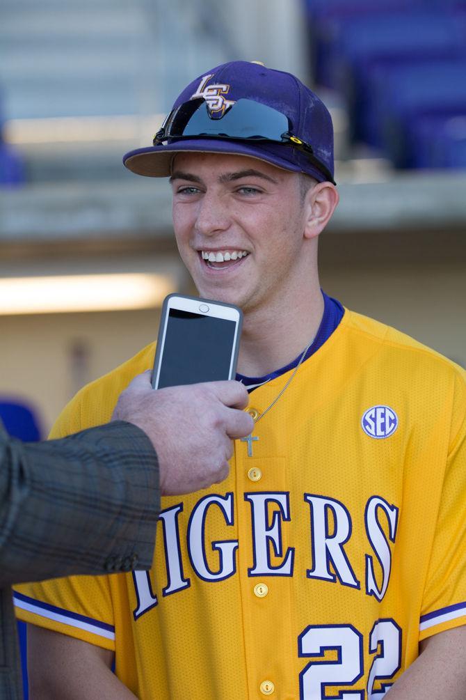 LSU Junior Third Baseman Cole Freeman (22) talks with reporters before the first preseason practice on Friday, Jan. 29, 2016 at The Alex Box Stadium