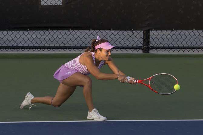 LSU junior Joana Vale Costa returns the ball against North Carolina State on Friday, February 12, 2016 at the LSU Tennis Complex.