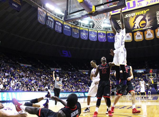 Antonio Blakeney slam dunks during an LSU victory against Georgia, 89-85 on Tuesday, January 26, 2016 in the PMAC.