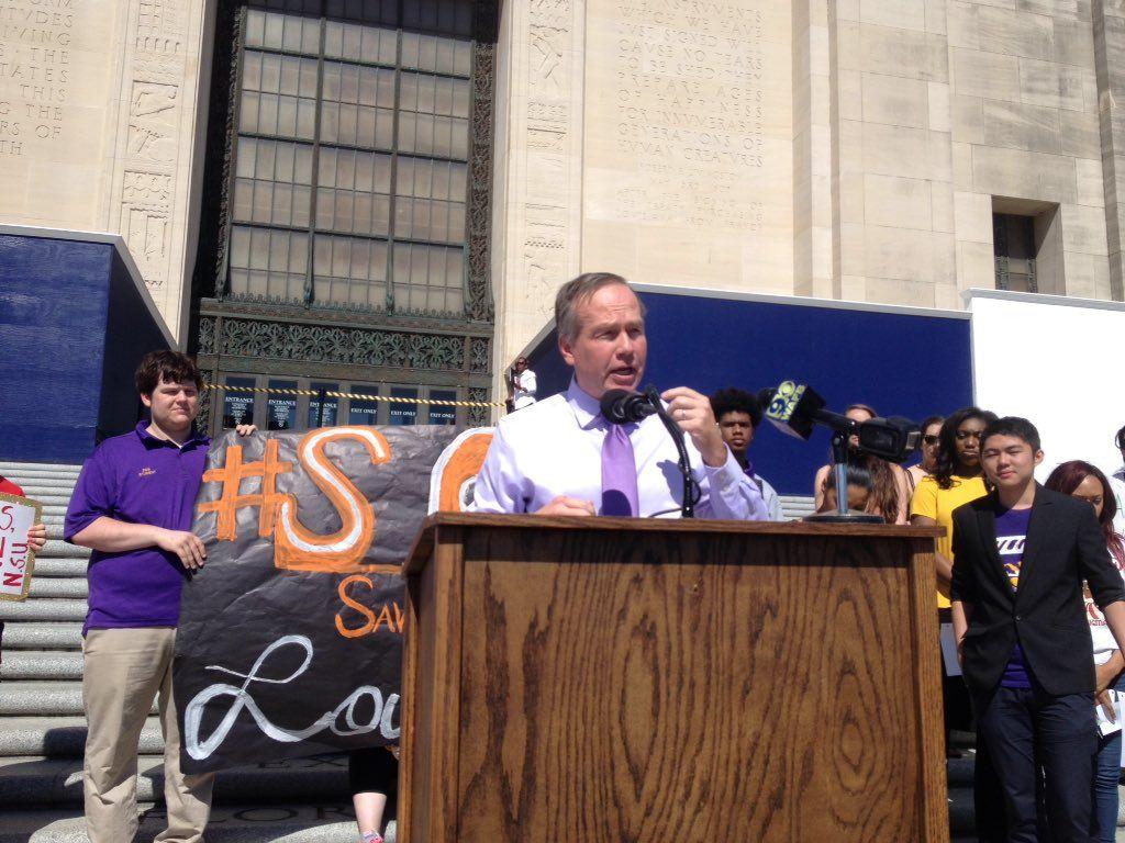 LSU President F. King Alexander speaks to roughly 100 Louisiana college students during a rally at the Capitol in protest of potential budget cuts to higher education on Friday, Feb. 19.