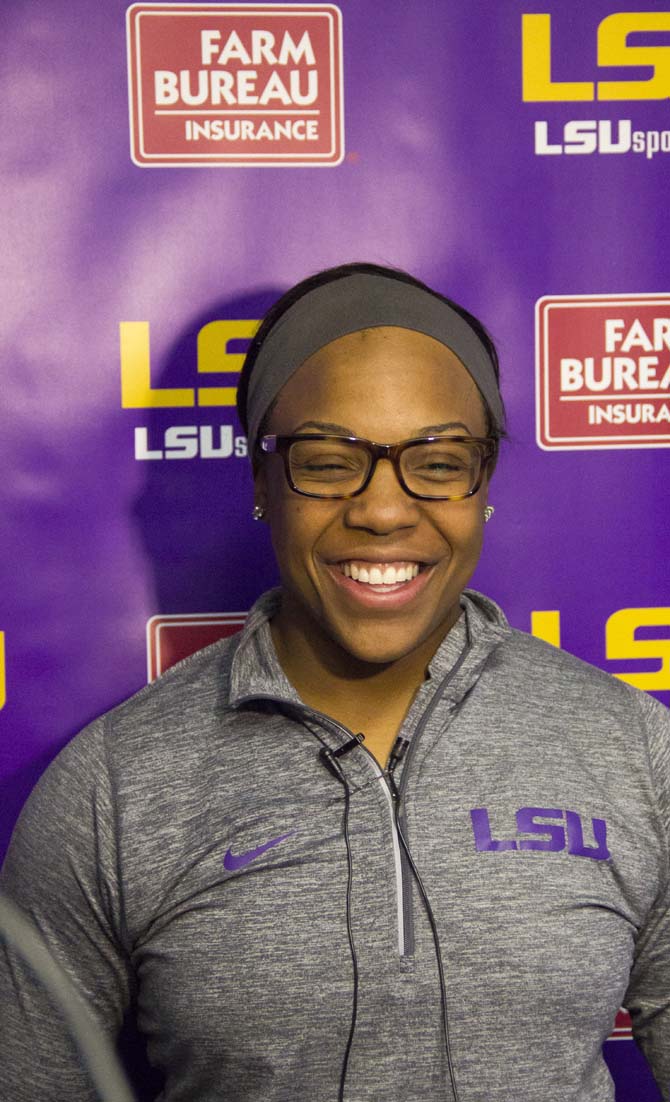 LSU senior infielder Bianka Bell (27), addresses the media during LSU Softball Media Day on Friday, February 5, 2016, at the Sports Administration Building.