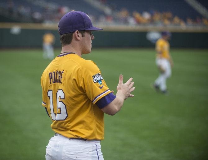 LSU sophomore pitcher Jared Poche&#8217; (16) looks at his teammates run during LSU&#8217;s first practice at the NCAA Men's College World Series on Friday, June 12, 2015 at the TD Ameritrade Park in Omaha.