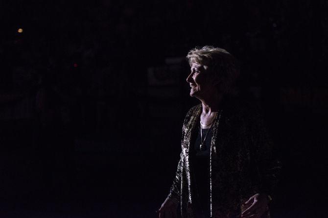 LSU gymastics head coach D-D Breaux is introduced during the Tigers' 197.825-197.125 victory against Auburn on Friday, Feb. 19, 2016 in the PMAC.