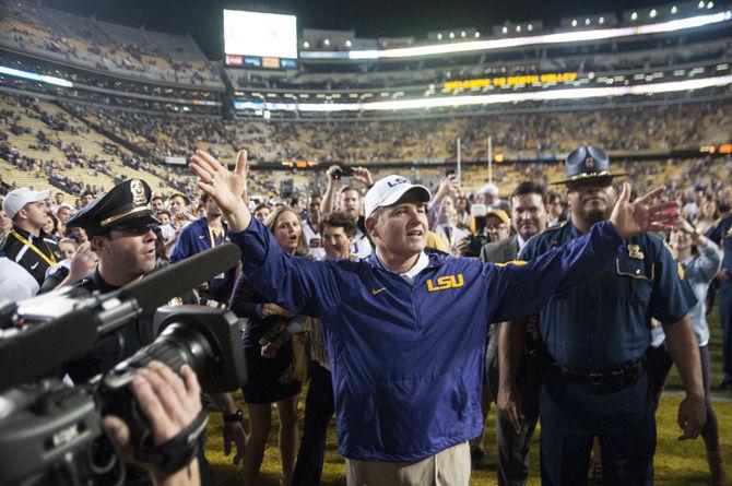 LSU head coach Les Miles bids good night to the student section after the Tigers' 19-7 victory against Texas A&amp;M University on Saturday, Nov. 28, 2015 in Tiger Stadium.