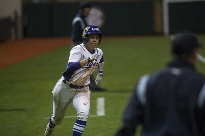 LSU junior catcher and infielder Sahvanna Jaquish (2) runs in for home base Wednesday, Feb. 24, 2016, during the Tigers' 5-0 victory against South Alabama in Tiger Park.