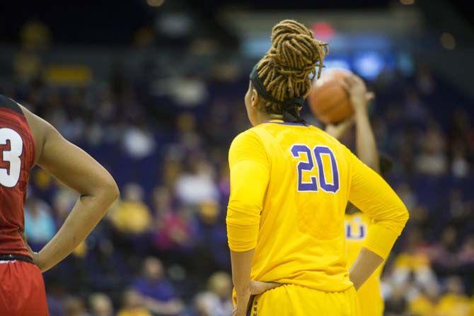 LSU junior forward Alexis Hyder (20) awaits a teammate&#8217;s free-throw during the LSU 47-58 loss against Georgia on Sunday Feb. 14, 2016, in the PMAC.