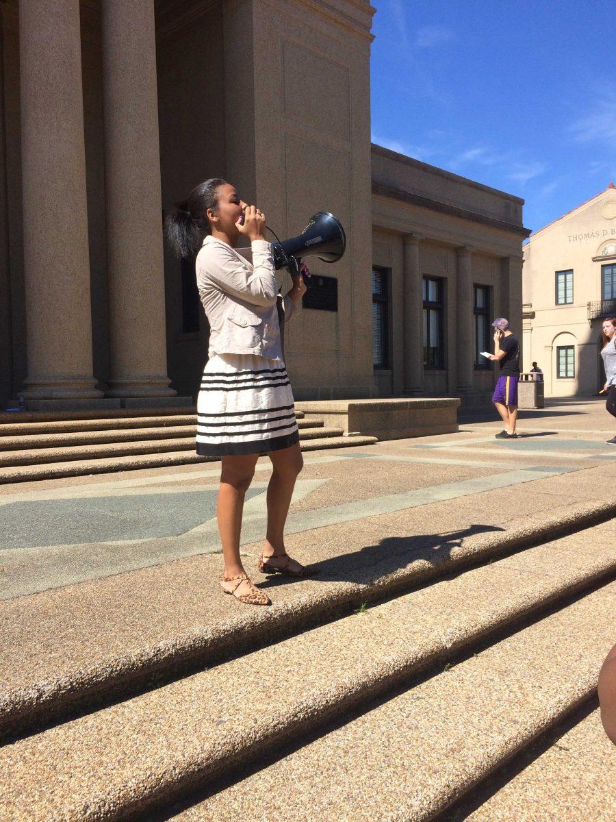 LSU's 2015 Homecoming Queen Bianca Webb speaks to students during a walk-out protest of higher education cuts Thursday, Feb. 18, at the Memorial Tower