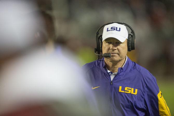 LSU coach Les Miles stands in the sidelines during the Tigers' 30-16 defeat against The University of Alabama on Saturday, Nov. 7, 2015 in the Bryant-Denny Stadium.