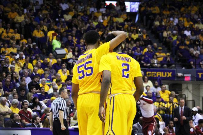 Tim Quarterman, 55, and Antonio Blakeney, 02, embrace after a score during the 75-77 LSU loss to Oklahoma on January 30, 2016 in the PMAC.