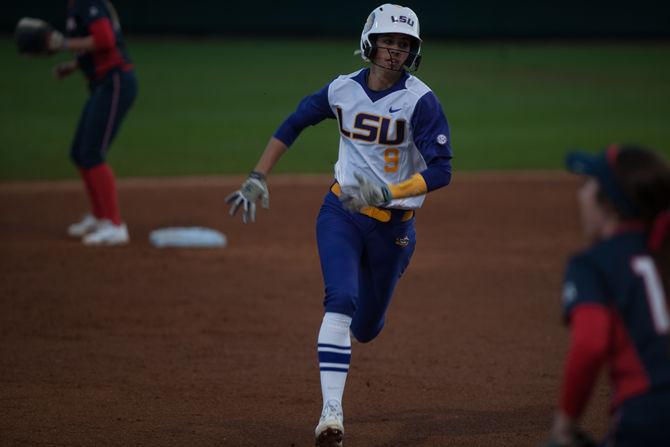 LSU freshman utility Elyse Thornhill (9) runs to third base during their 13-2 victory against University of Connecticut on Saturday, Feb. 13, 2016 at Tiger Park