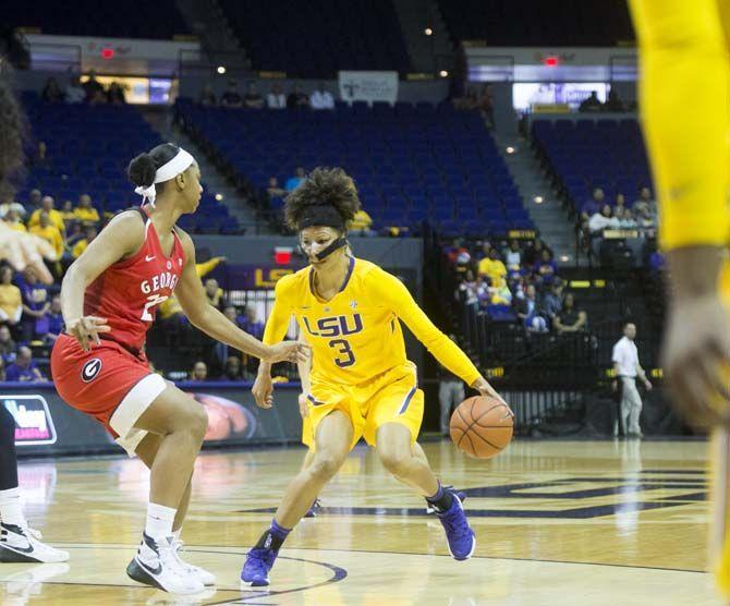 LSU senior forward Akilah Bethel (3) makes her way around the Georgia defense during the LSU 47-58 loss against Georgia on Sunday Feb. 14, 2016, in the PMAC.