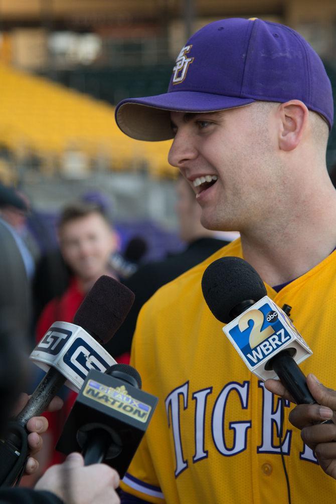 LSU sophomore right-handed pitcher Alex Lange (35) talks with reporters before the first preseason practice on Friday, Jan. 29, 2016 at Alex Box Stadium