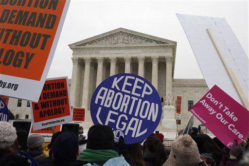 FILE - In this Jan. 22, 2016 file photo, pro-abortion rights signs are seen during the March for Life 2016, in front of the U.S. Supreme Court in Washington. The Supreme Court will not allow North Dakota to enforce a law banning abortions when a fetal heartbeat is detected as early as six weeks into a pregnancy. The justices on Monday, Jan. 25, 2016, turned away the state&#8217;s appeal of lower court rulings that struck down the 2013 fetal heartbeat law as unconstitutional. The law never took effect and abortion rights supporters said it was the strictest anti-abortion measure in the country. (AP Photo/Alex Brandon, File)