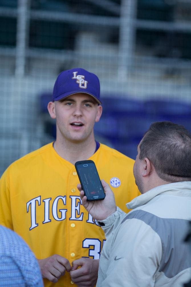 LSU sophomore right-handed pitcher Alex Lange (35) talks with reporters before the first preseason practice on Friday, Jan. 29, 2016 at The Alex Box Stadium