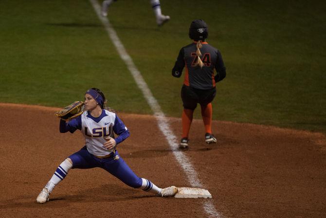 LSU senior infielder Sandra Simmons (3) defending first base during their 2-1 defeat against the University of the Pacific on Saturday, Feb. 13, 2016 at Tiger Park