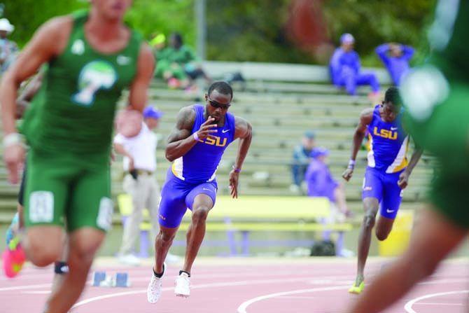 LSU junior sprinter Cyril Grayson runs the men&#8217;s 400 Meter Dash during the 2015 LSU Invitational Battle on the Bayou on Saturday, April 4, 2015, at the Bernie Moore Stadium.