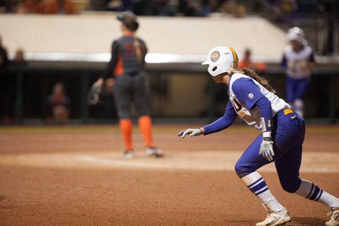 LSU junior infielder Sahvanna Jaquish (2) sneaking back to base during their 13-2 victory against University of Connecticut on Saturday, Feb. 13, 2016 at Tiger Park